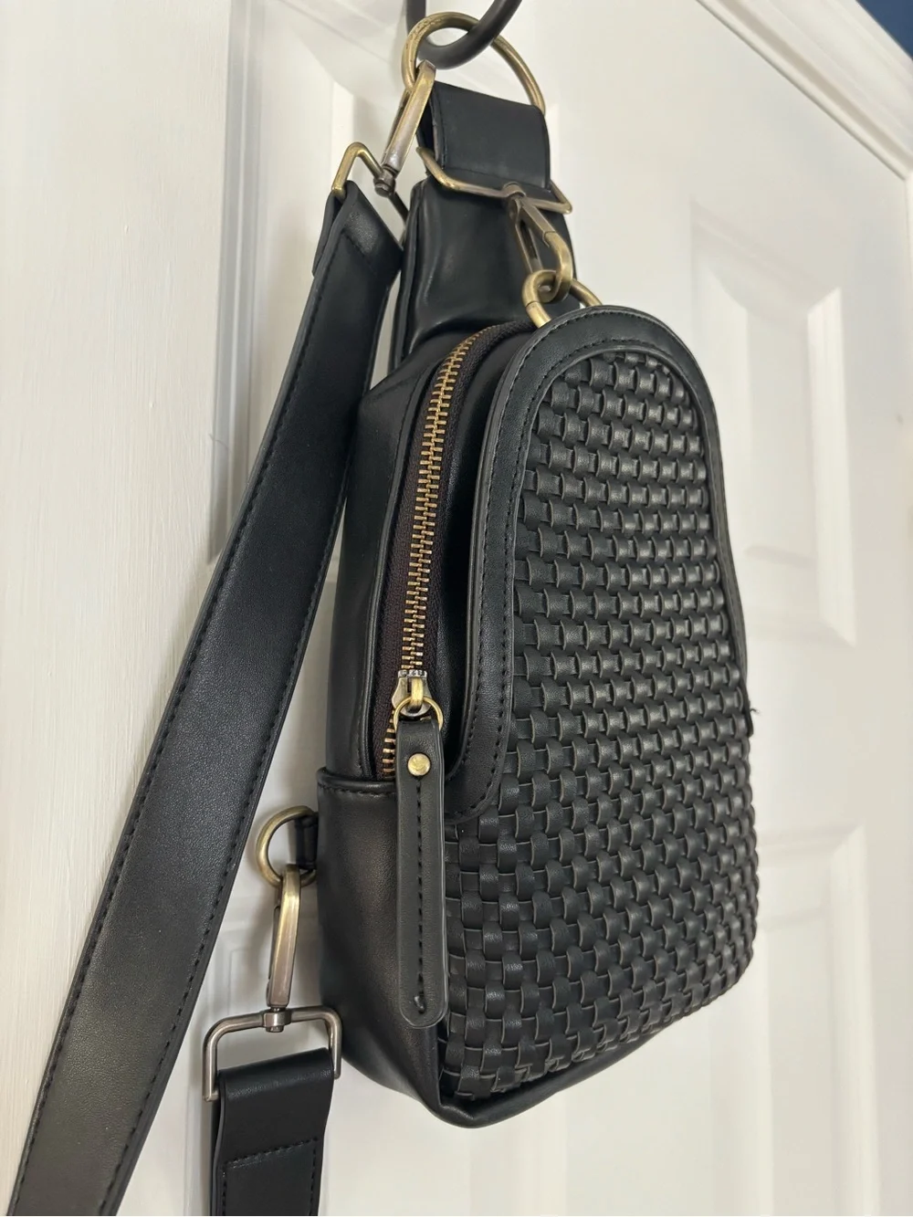 Anthropologie Urban Originals Black Leather Crossbody Sling with Brass Hardware